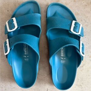 Birkenstock Arizona’s water proof Two-Strap Slide Sandals in Teal Blue